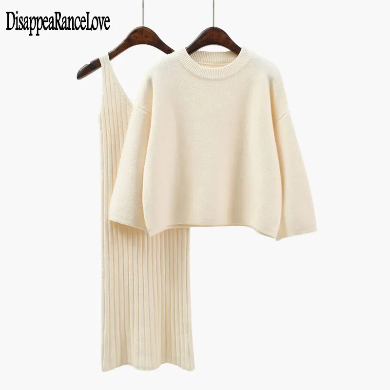 

2020 Autumn Womans Sweater Straped Dress Sets Solid Color Female Casual Two-Pieces Suits Loose Sweater Knit Mini Dress Winter