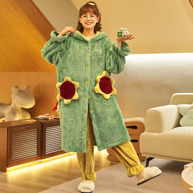 

Kwyaster Coral Fleece Women Pajama Set Casual Sleepwear Thick Flannel Hooded Bathrobe Soft Nightwear 2022 New Homewear Nightgown