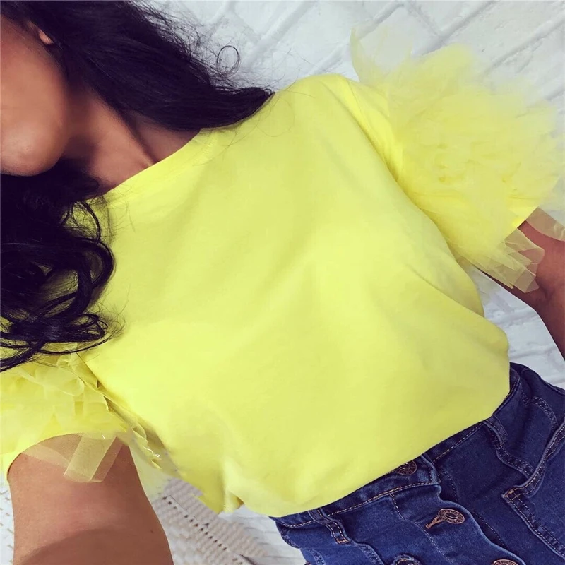 Fashion New Ladies Frill Tulle Tiers Mesh Sleeve Summer Cotton T-Shirt Top Novelty T shirt Robe Femme | Женская одежда
