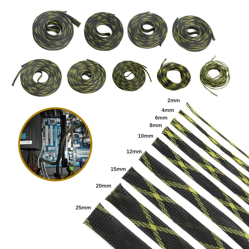Желтый и Черный изоляционный кабель в оплетке с возможностью расширения плотный