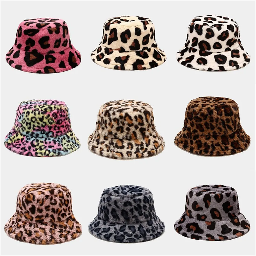 

Fashion Winter Leopard Faux Fur Bucket Hats For Women Girl Cow Print Plush Velvet Warm Panama Black White Fisherman Hats Bob