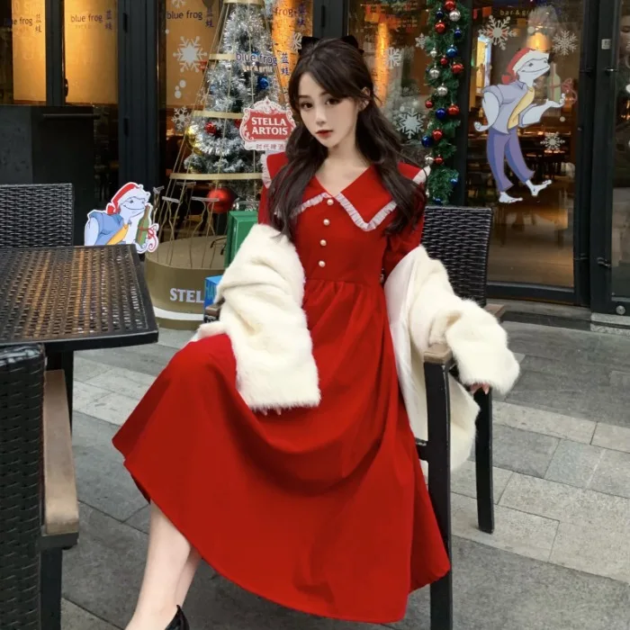 

Korean Style Sweet Retro New Year Long-Sleeved Red Dress Women's Autumn and Winter Sailor Collar High Waist Slimming Midi Dress