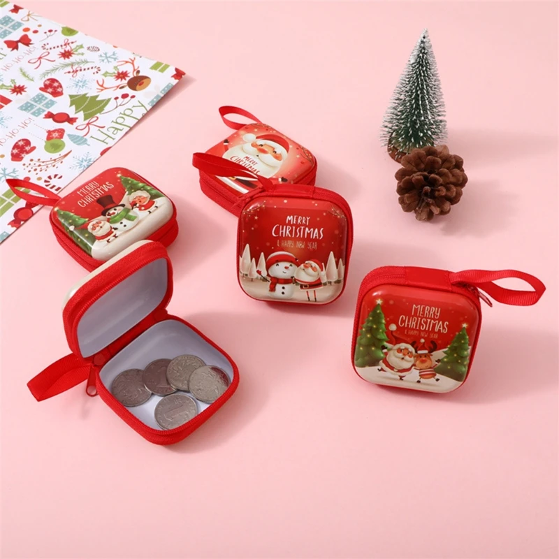 

Christmas Storage Bag Cartoon Print Coin Purse Creative Square Tinplate Pocket with Zipper for Coin Mini Card Candy Gift