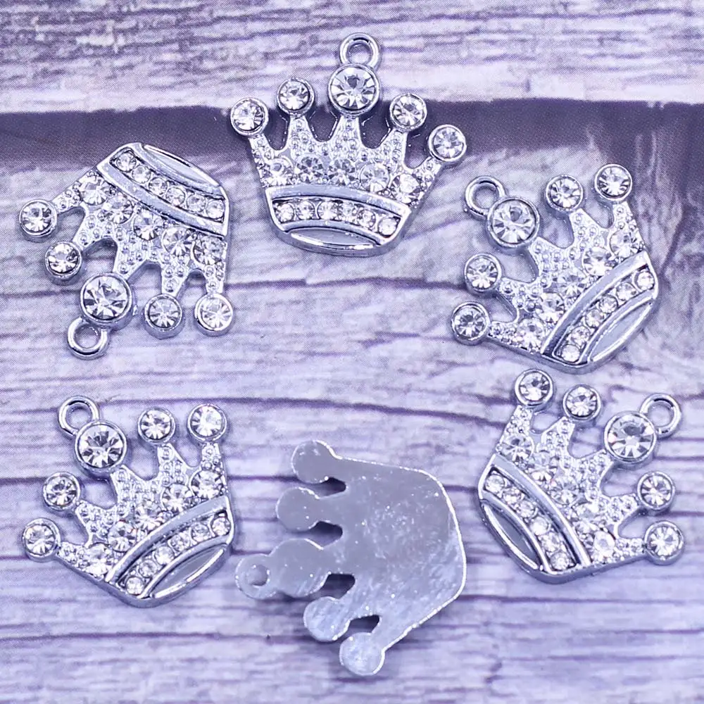 

10Pcs Pendants King Crown Clear Rhinestones Metal Silver Tone Jewelry DIY Findings Charms 21x20mm