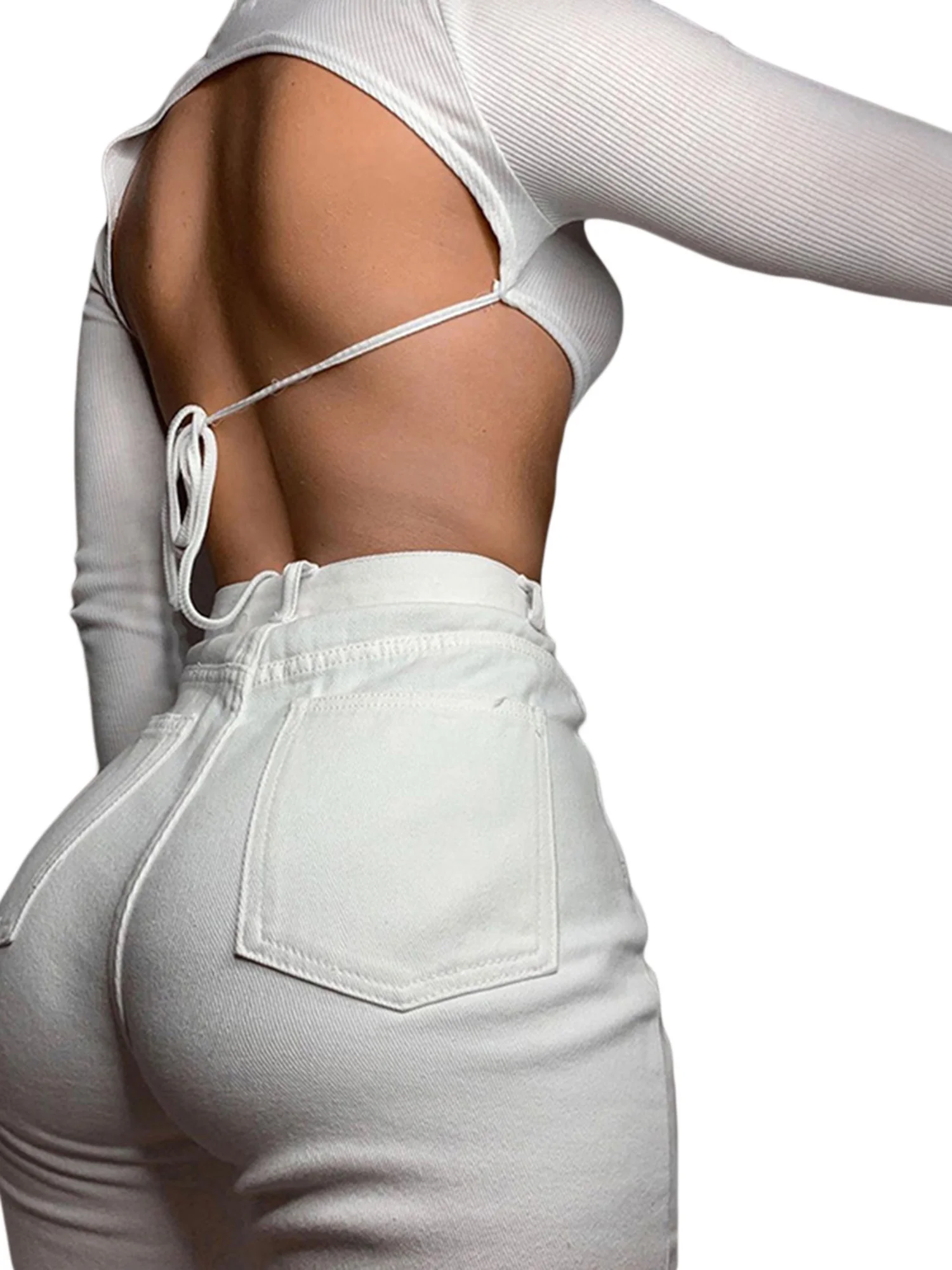 

Female T-Shirt Solid Color Round Neck Long Sleeve T-Shirt Women s Crop Top Black/White Clothing Set