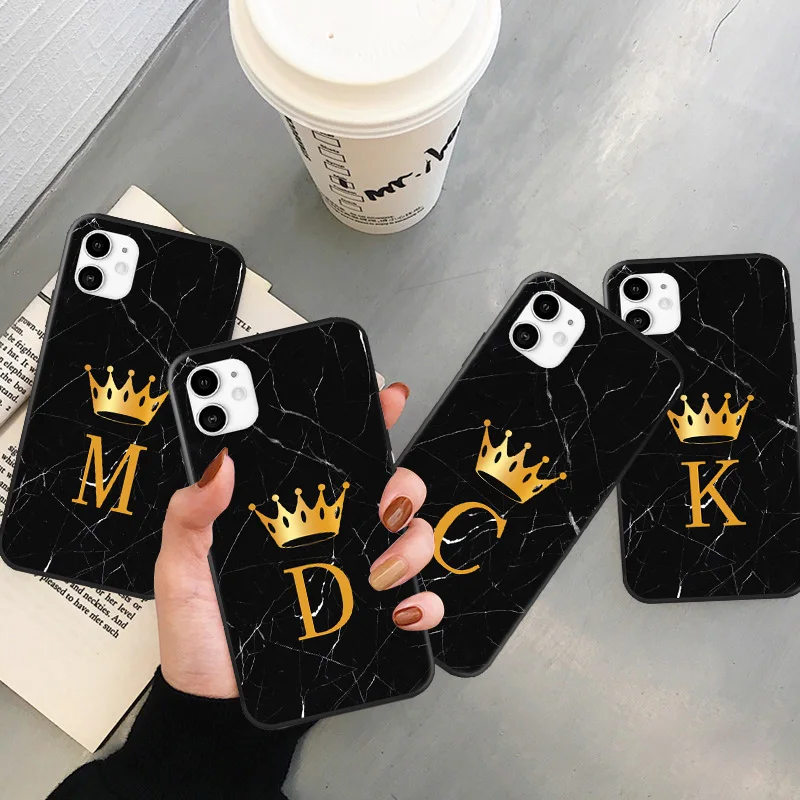 

Letter Black Marble Gold Crown Phone Case For iphone 12 11 Pro Max For iPhone 6s 7 8 Plus X XR XS MAX Soft Silicone Back Cover