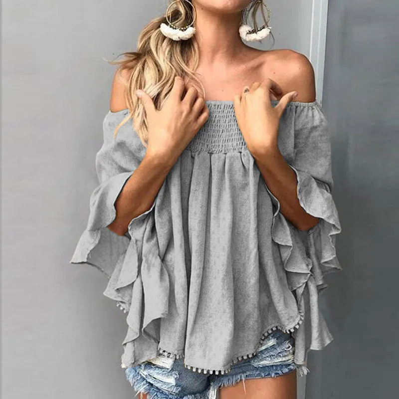 

Women Slash Neck Three Quarter Sleeve Loose Pullover Blouse Summer Batwing Sleeve Ruffles Solid Shirts Fashion Beach Style shirt