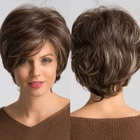 alan eaton short pixie cut wavy synthetic hair wigs with side bangs natural mixed dark brown blonde golden wigs for black women