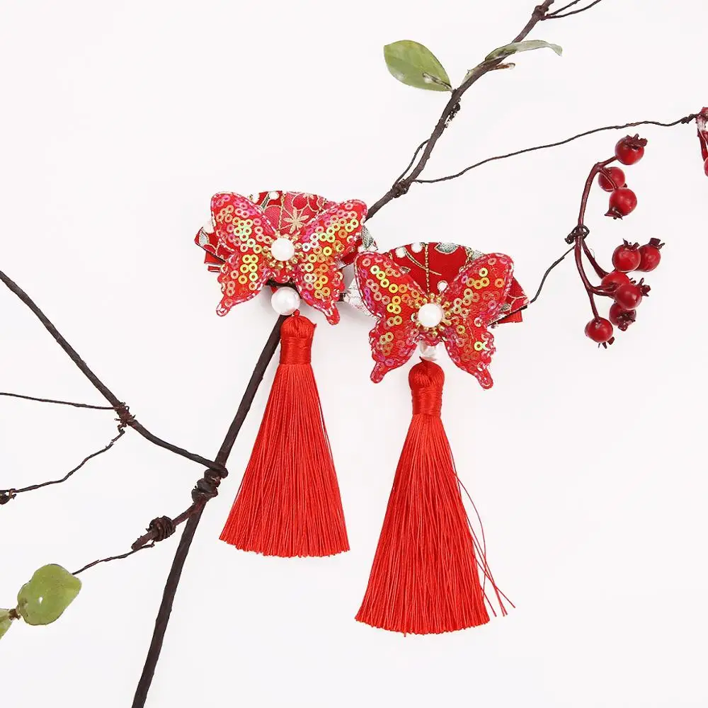 2 Pieces / Bag Tassel Hair Clip Red Headband Happy New Year Hairpin Handmade Fashion Accessories Bow |