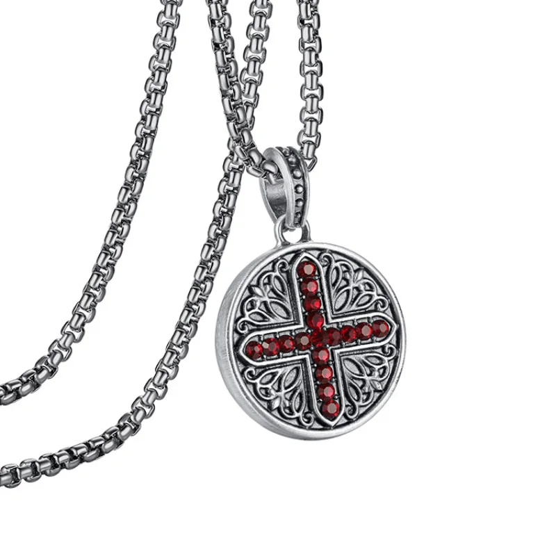 

Megin D Punk Vintage Exquisite Red Zircon Cross Titanium Steel Necklaces for Men Women Couple Friend Fashion Design Gift Jewelry
