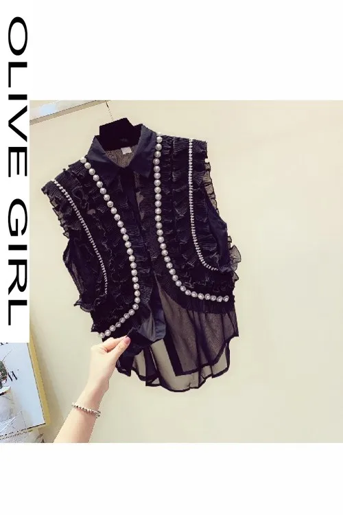 

2021 Fungus Ruffle Diamond Beaded Chiffon Shirt Women's Summer New Retro Sleeveless Blouse Ladies Shirt Top Femme Blusas Mujer