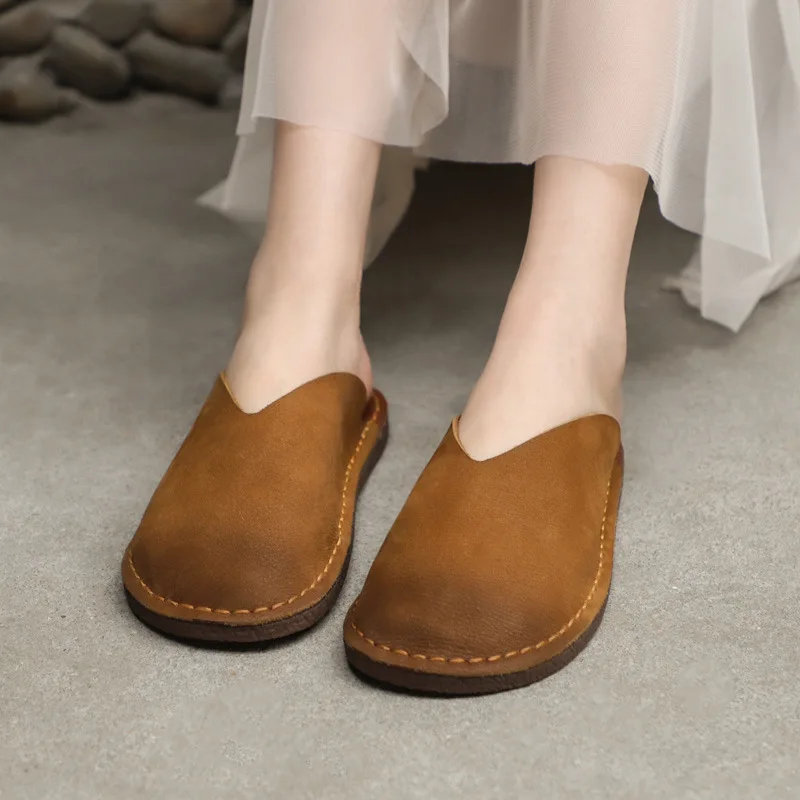 

Retro shoes 2021 summer new semi-support shoes leather toe cap slippers flat-heeled soft-soled lazy shoes