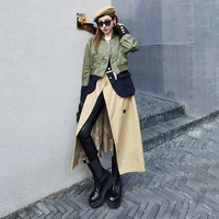 patchwork trench coat for women turtleneck long sleeve hit color casual windbreaker fashion new clothing style