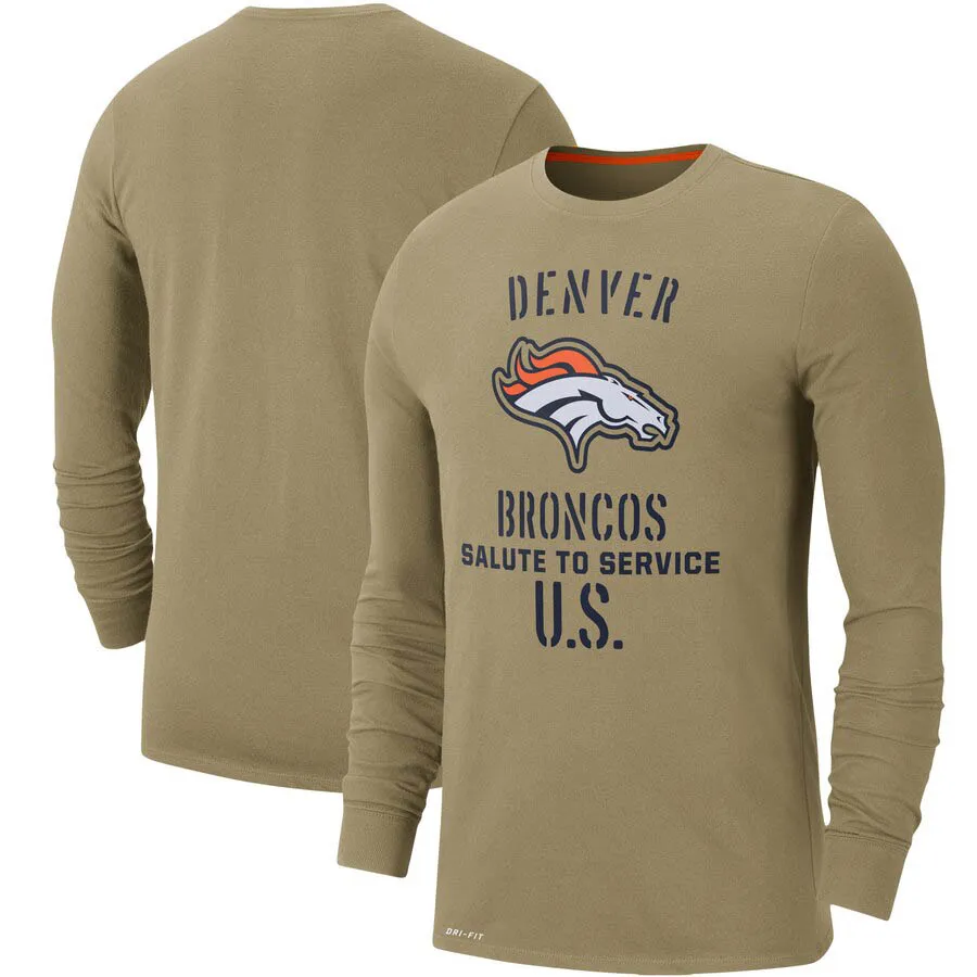 

Denver Men Brand T-shirt Olive football Broncos Salute to Service Sideline Performance Long Sleeve Sweatshirt Tops Tees Tan