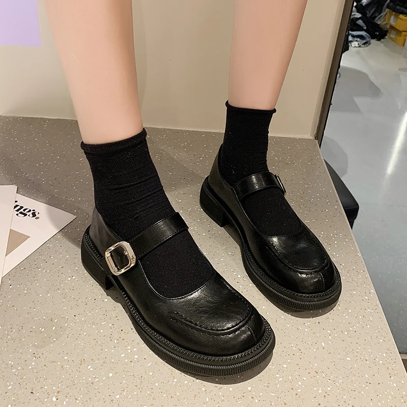 

Kiiyilala Buckle Platform Leather Shoes Women Flats Casual Oxford Loafers Thick Bottom Ladies Wedge Lolita Shoes Mary Jane Women