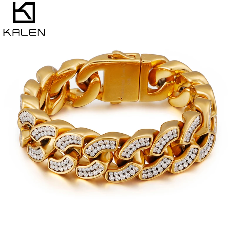 

20mm 316L Stainless Steel With 18K Color Gold Cubic Zirconia Cuban Bracelet Men Hiphop Rock Jewelry
