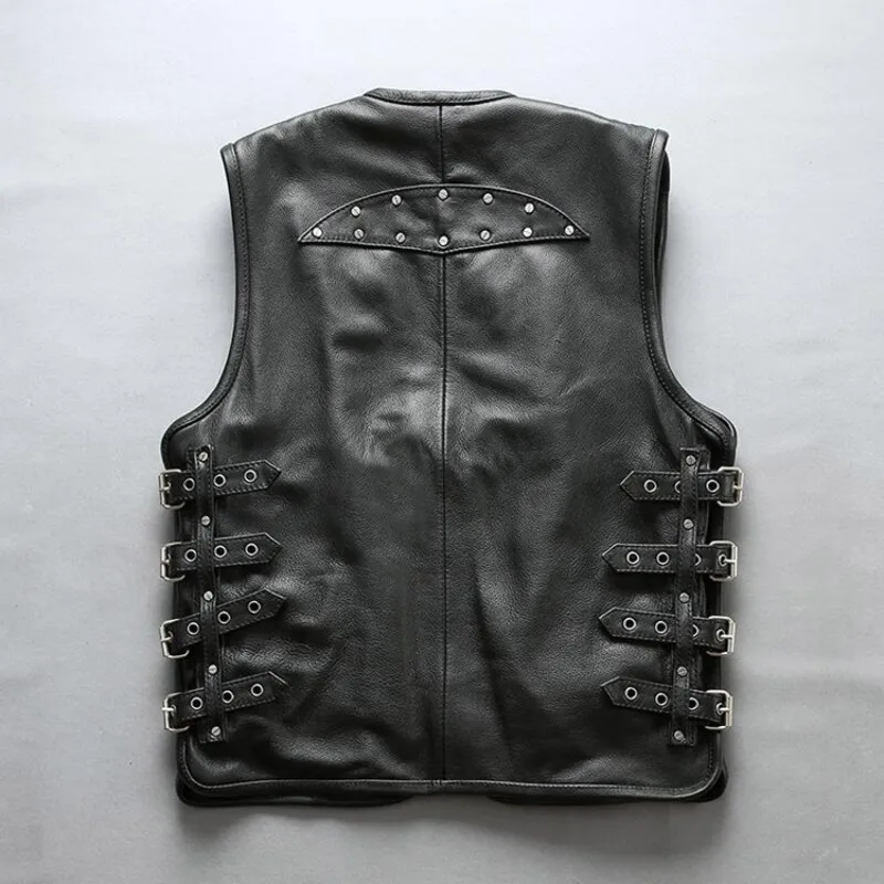 

Men Cowhide Genuine Luxury Leather Vest Multi Buckles Motor Biker Waistcoat Slim Fit V Neck Rivets Sleeveless Jacket Vests Top
