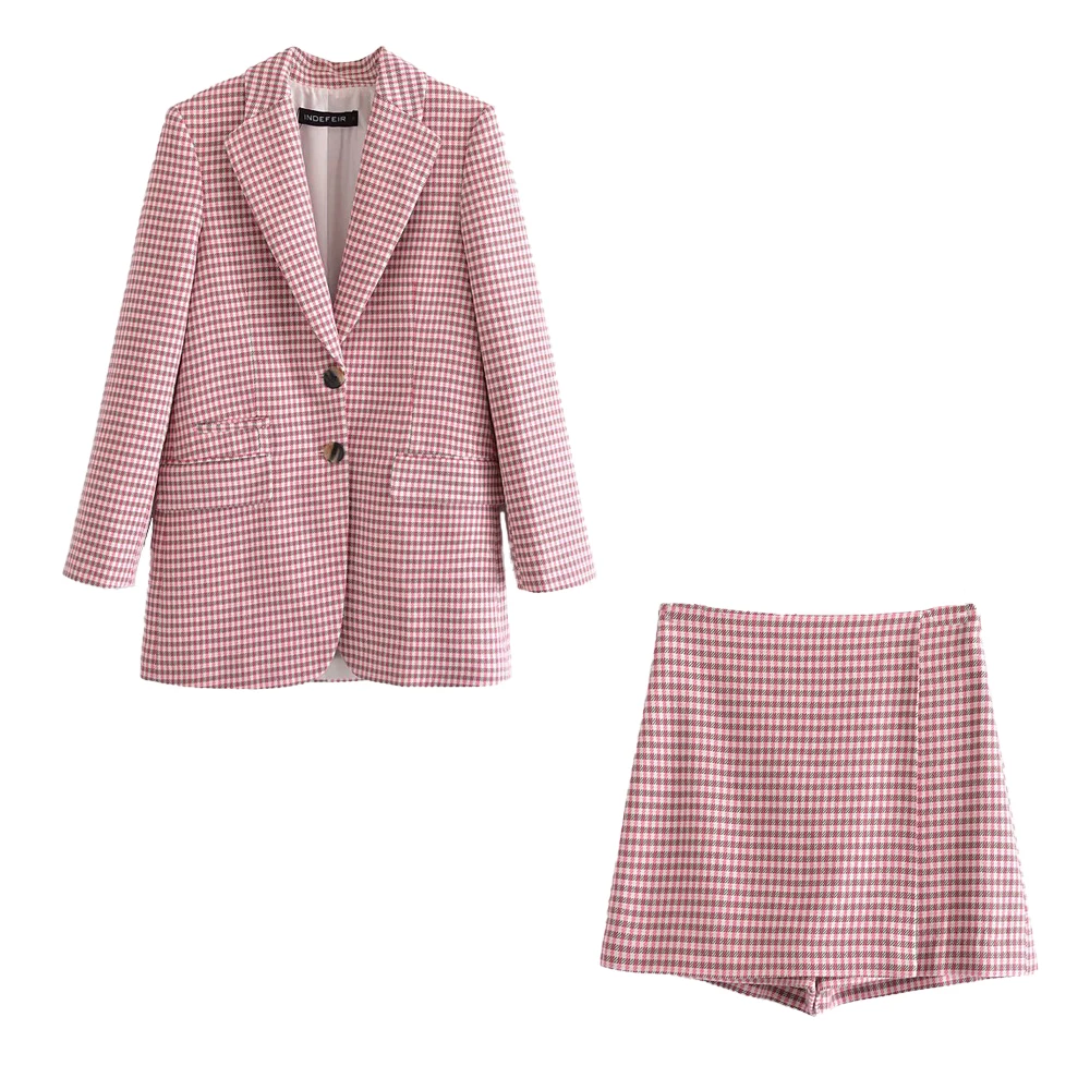 

2021 New Women 2 piece set Pink Checked Blazer & Shorts Skort Fashion Elegant Chic Lady Woman suits Two-piece Set Outfits