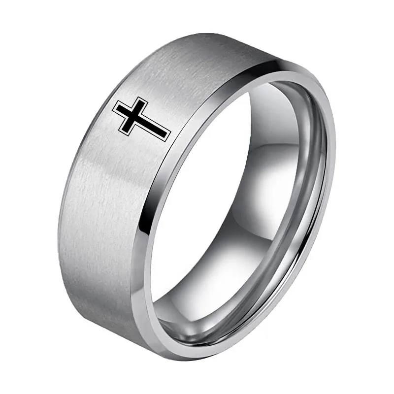 

Fashion Stainless Steel Cross Logo Ring Punk Men's Rings Jewelry Classic Black Men's and Women's Rings Gift 8mm size6-13