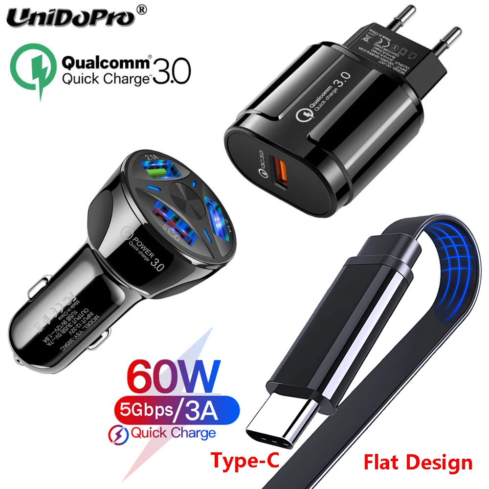 Автомобильное зарядное устройство QC 3 0 EU AC + плоский кабель фута типа C для Samsung Galaxy