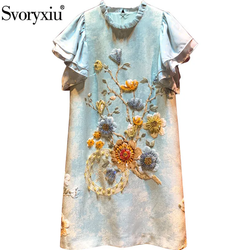 

Svoryxiu Designer Fashion Autumn Short Sleeve Dress Women's Ruffles Crystal Beaded Print Jacquard luxury Party Mini Dresses