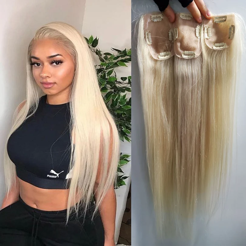 #613 Honey Blonde Human Hair Topper Full Lace With PU Virgin Hair Piece 150% Density Skin Clips in Toupee For Less Hair Women