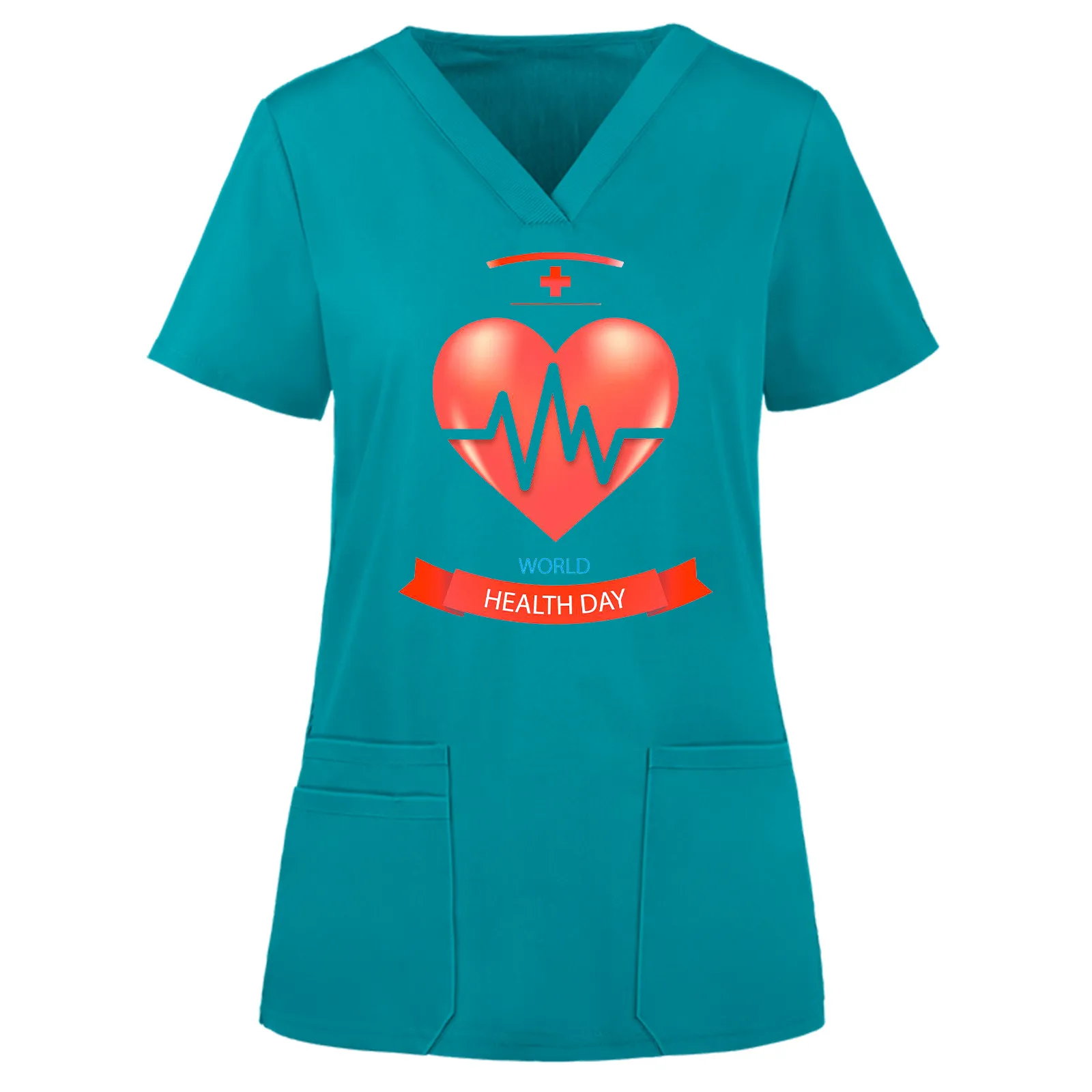 

Women Short Sleeve V-Neck Top Working Uniform Solid Color Pocket Blouse Medicated Clothes Pocket Dress Protect
