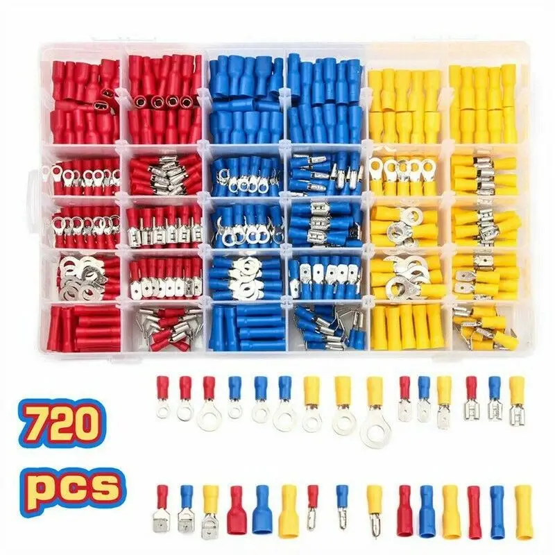 

280/480/720PCS Insulated Cable Connector Electrical Wire Assorted Crimp Spade Butt Ring Fork Set Ring Lugs Rolled Terminals Kit