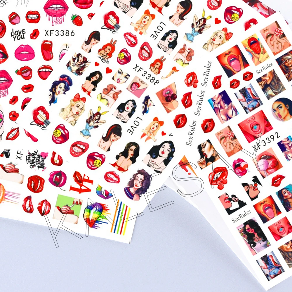 

3D Nail Stickers Sexy Lips Cool Girl Back Glue Adhesive Decals Wraps Cartoon Sliders for Nail Decoration Manicure Colorful Tip