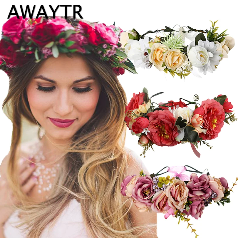 AWAYTR Spring Bohemian Rose Crowns Wreath Beach Hawaii Floral Garland Romantic Faux Rose Wedding Wreaths New Flower Headband