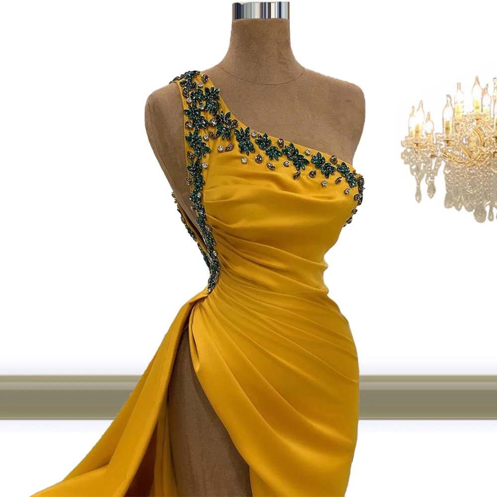 

Очаровательные желтые вечерние платья русалки на одно плечо с высоким разрезом кристаллы Дубай арабское вечернее платье женские наряды 2021