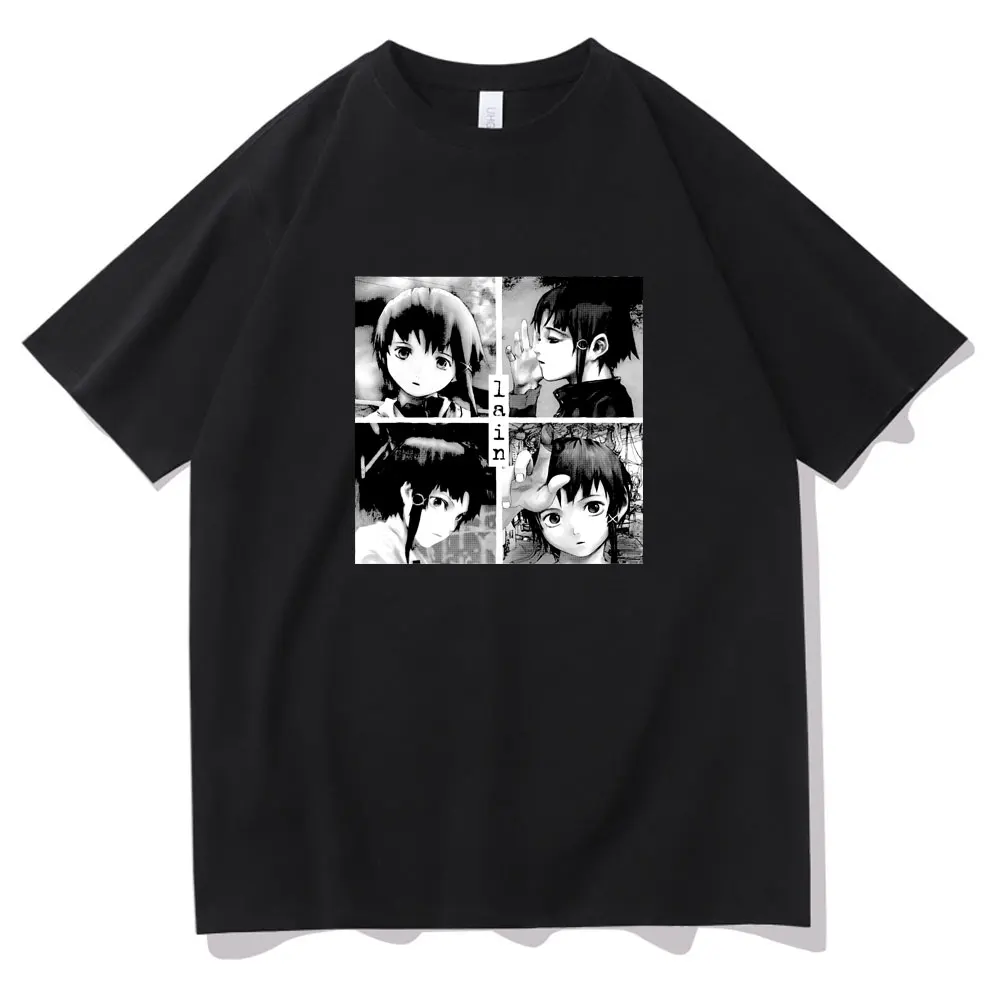

Japanese Anime T Shirt Men Lain Experiment Series Design Short Sleeve Shirt Hip-Hop Harajuku Glitch Iwakura Weeb Girl Sci Fi
