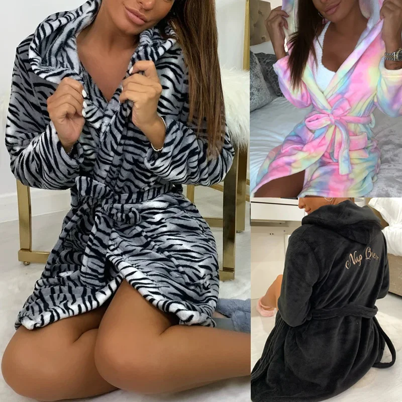 

Winter Women Warm Nightdress Adults Long Sleeve Hooded Night-robe with Belt Pockets (Multicolor, Black White, Black)