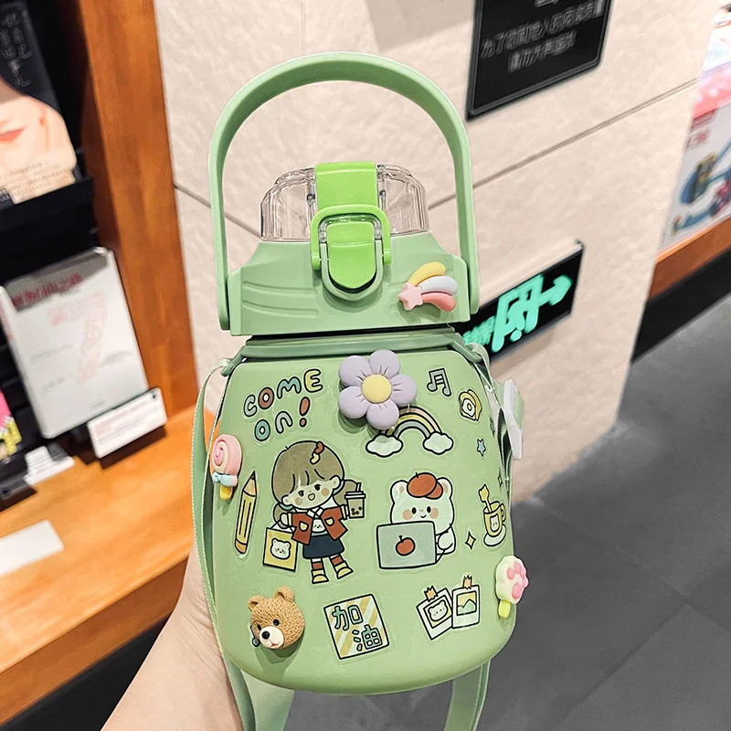 

1000ML Large-Capacity Bottle With Strap Cartoon Cute Vacuum Flask Travel Insulated Bottle Stainless Steel Coffee Thermos Mug
