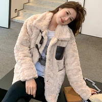 lucyever womens apricot lamb wool coat jackets korean chic bow turndown collar plush overcoat winter thicken warm coats female