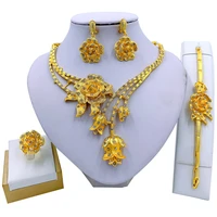elegant women flower gold necklace bracelet earrings ring party fashion jewelry sets dubai bridal wedding accessories