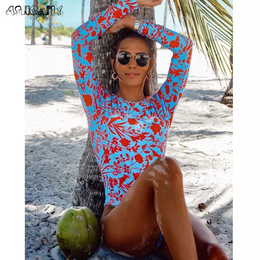 Купальный костюм с цветочным принтом слитный купальник длинным рукавом женский