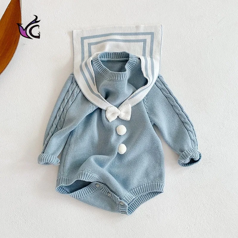 

Yg Girl 0-2 Years Old Baby Navy Collar Bow Wool One-piece Clothes Baby Bag Fart Ha Clothes Triangle Climbing Clothes