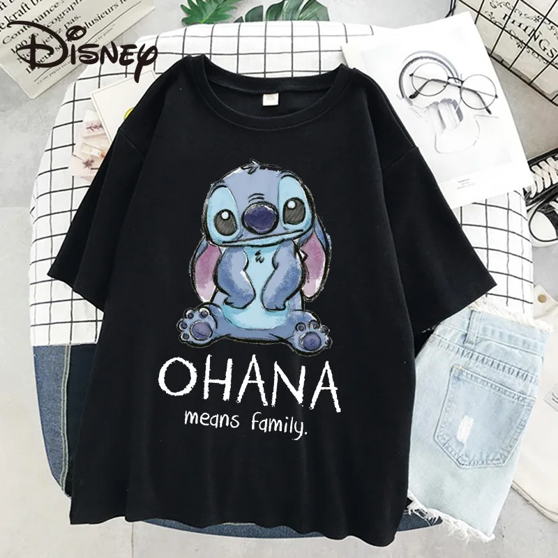 

Disney summer trendy loose fashion girl round neck top cartoon Stitch print casual cotton short-sleeved T-shirt Shopping Tees