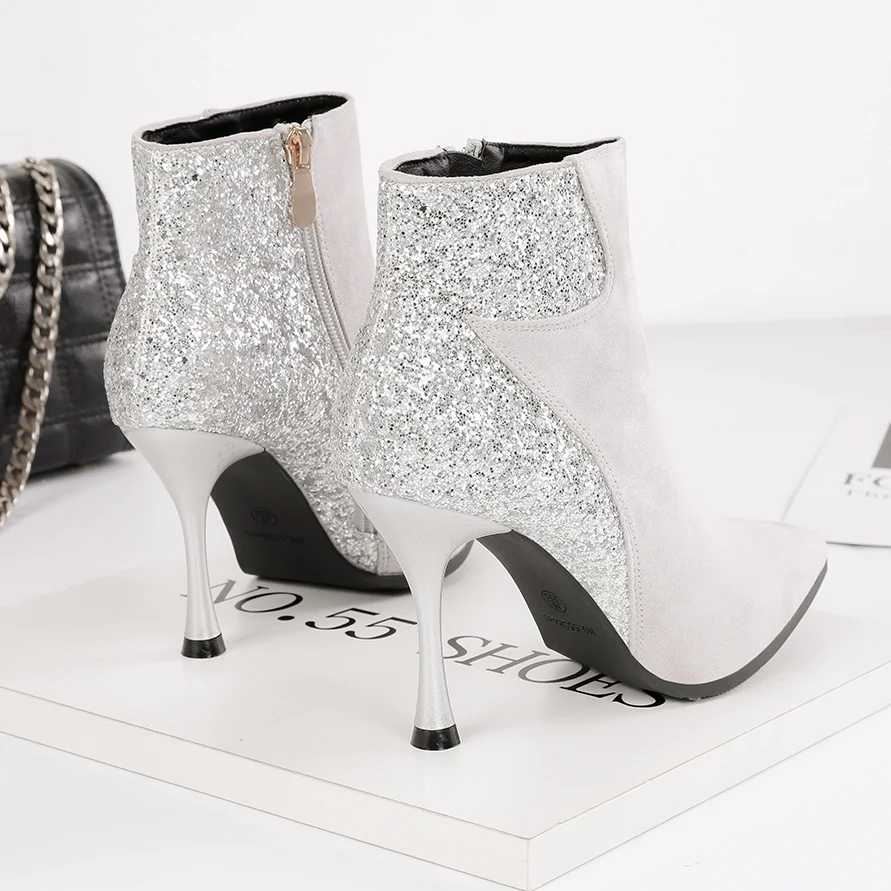 2019 г. женские ботильоны из флока с блестками пикантные эластичные ботинки на