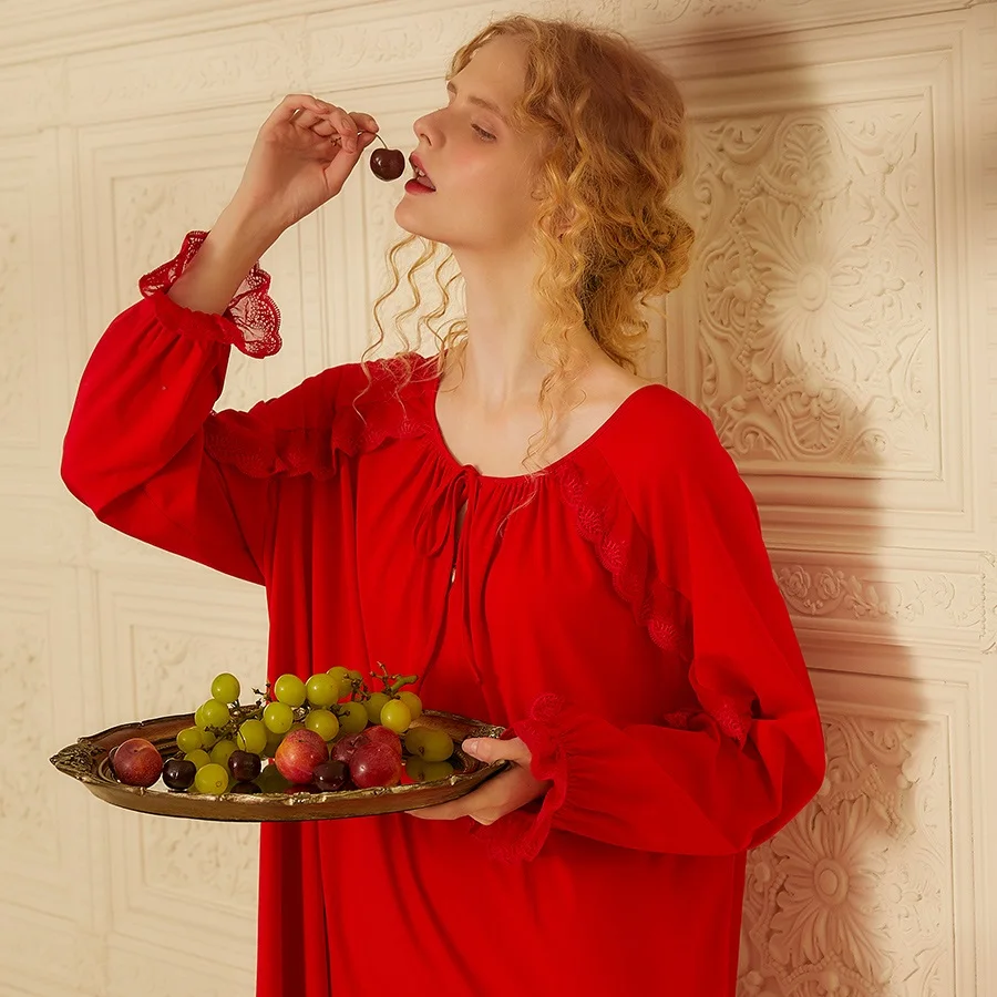 Винтажные хлопковые красные женские длинные ночные рубашки свободные плюс