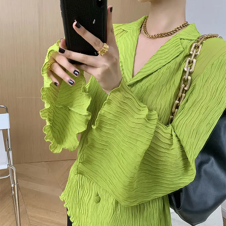 

French pleated texture shirt female design sense niche thin shirt loose casual long-sleeved shirt tide vintage top