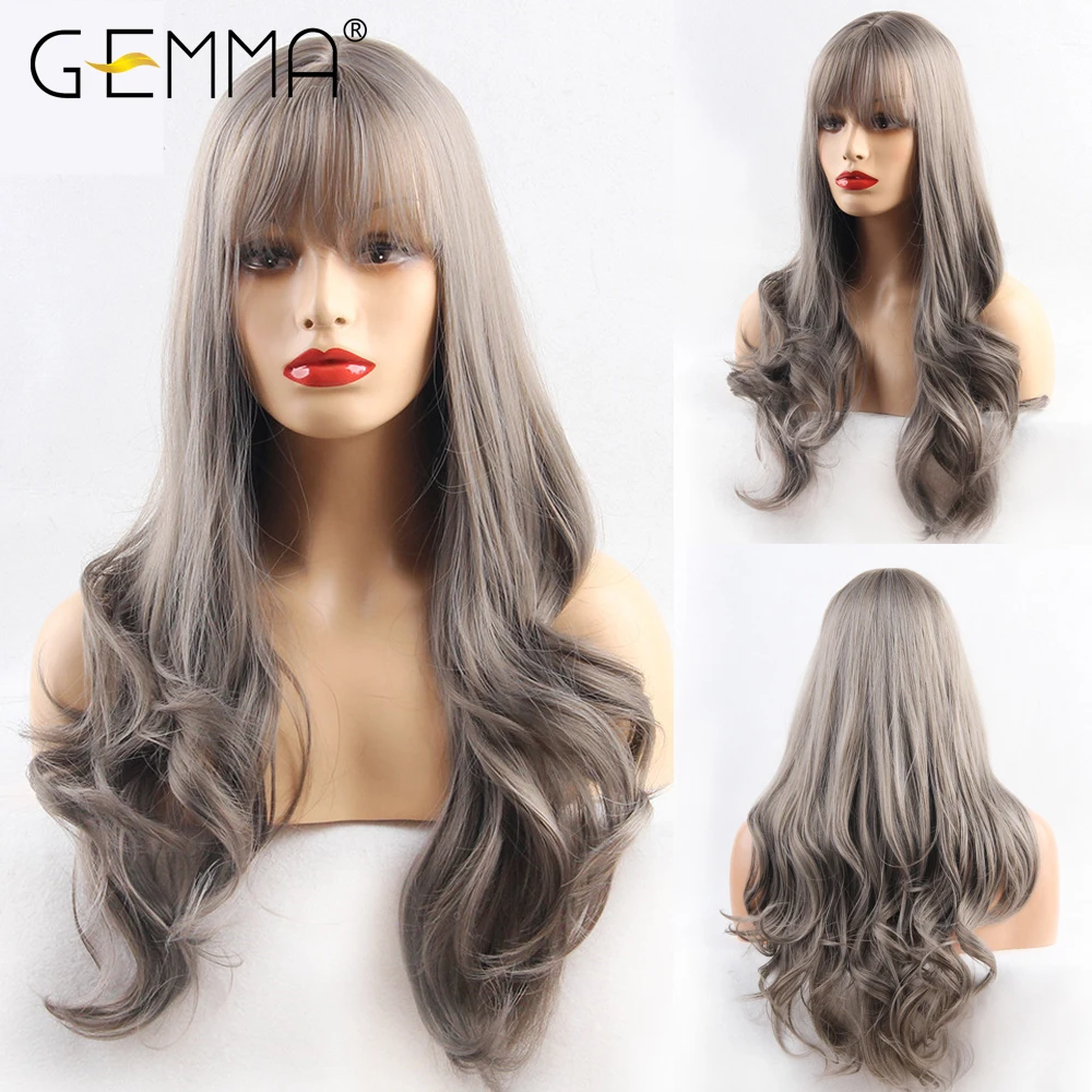 

GEMMA Long Wavy Dark Gray Ash Synthetic Wigs for Black Women Afro Natural Cosplay Daily Wigs with Bangs Heat Resistant Fake Hair