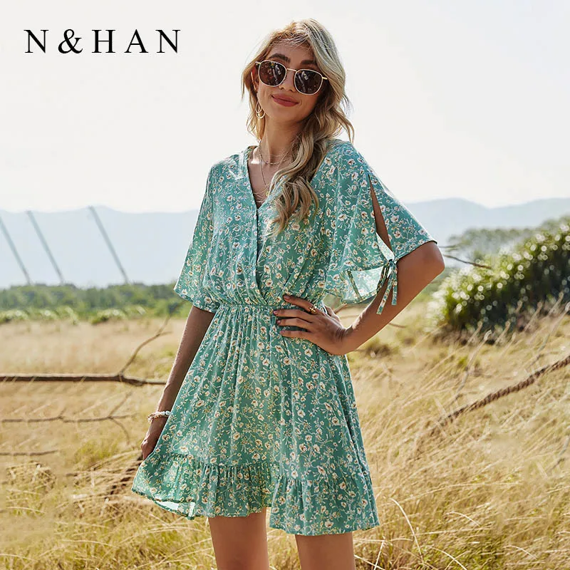 

Floral Print Mini Dress Summer 2021 Short Sleeve V-Neck High Waist Green Casual Ladies Dresses for Women Party A Line Vestidos