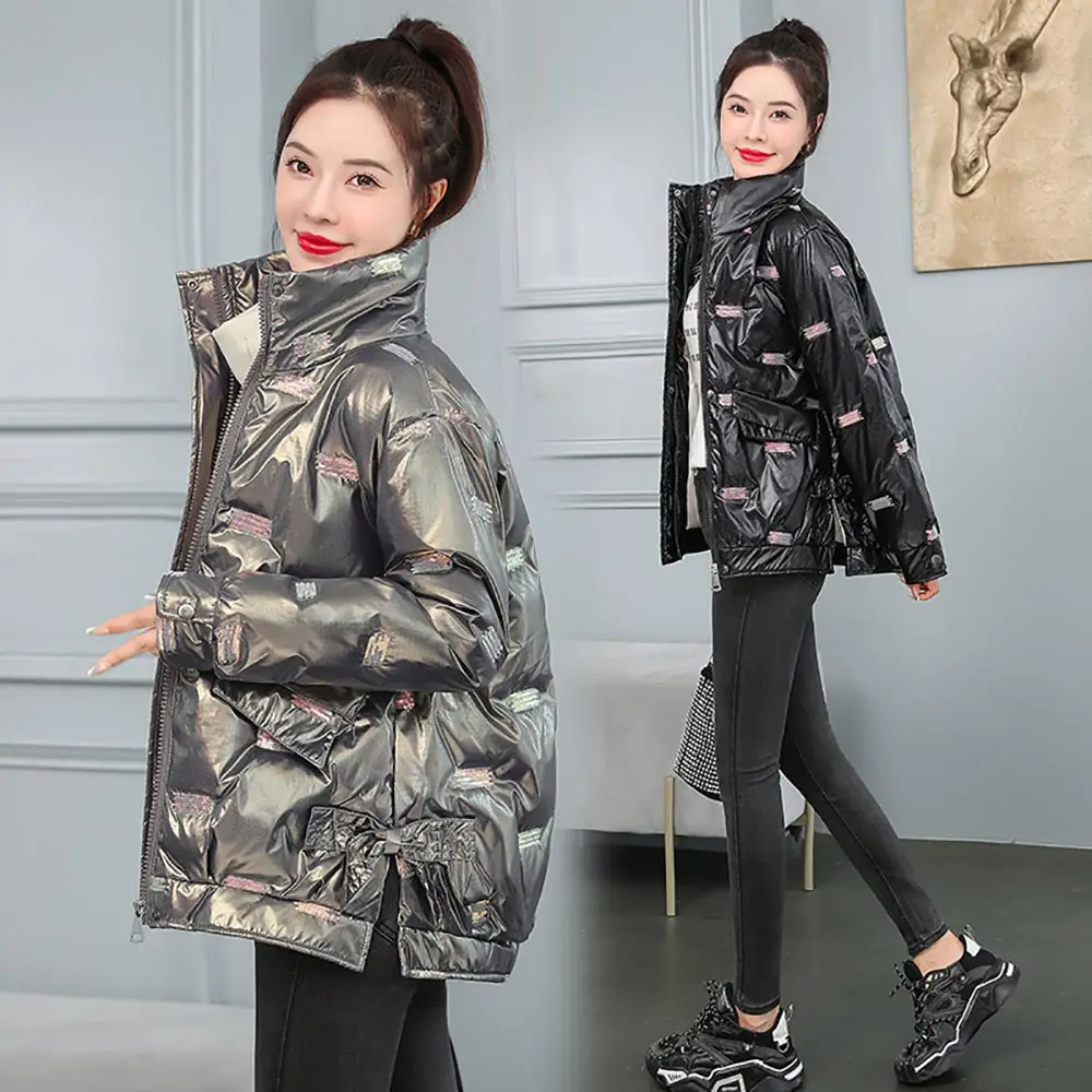 Vielleicht 2021 New Autumn Winter Women Coat Jacket Thick Parkas Warm Casual Slim Pocket Sequins Shiny Short Winter Jacket Women