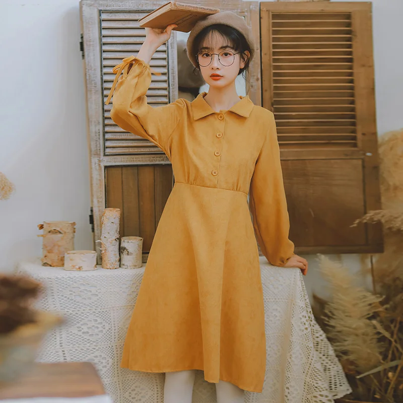 

mangas compridas base camisa vintage vestido feminino moda coreano bonito mid plain amarelo vermelho laço-up