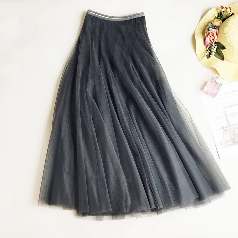 2020 Lente Zomer Vintage Rokken Vrouwen Elastische Hoge Taille Tulle Mesh Rok Lange Geplooide Tutu Vrouwelijke Jupe Longue | Женская