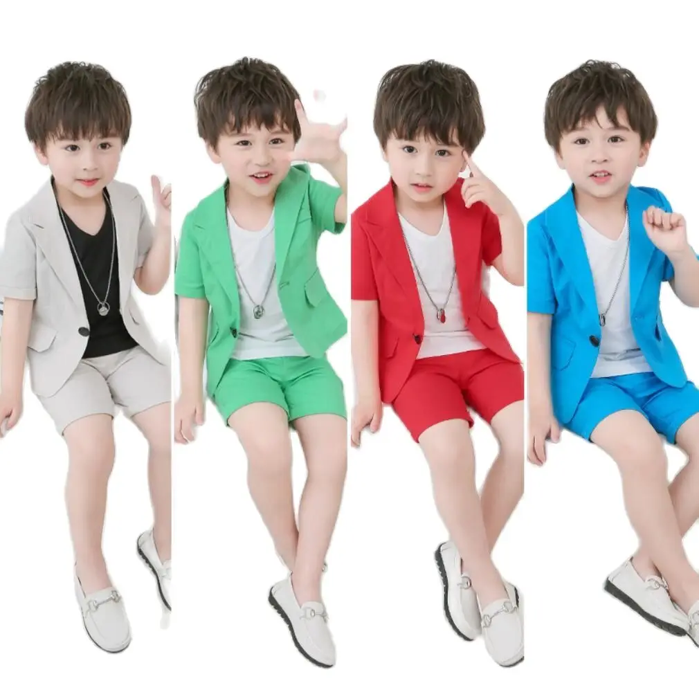 

На свадьбу Формальные вечерние блейзеры для маленьких мальчиков, комплекты летние туфли-лодочки ярких Цвет шорты пиджак + брюки, для детей и...