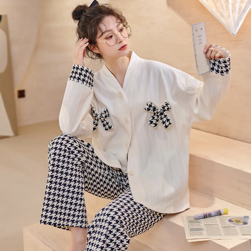 V Neck Sleepwear Women Spring Autumn Pajamas Swallow Gird Casual Pyjama with Trousers 2 Pieces Cotton Mujer Korean Style Outfit