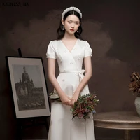 new simple wedding dress satin full length v neck short sleeve elegant engagement reception formal bride gown wedding dresses